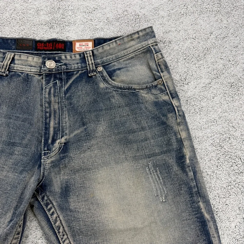 GS-115 Jean Short Mens 40 Blue Baggy Stitched Flap Pocket Distressed Hip Hop Y2K